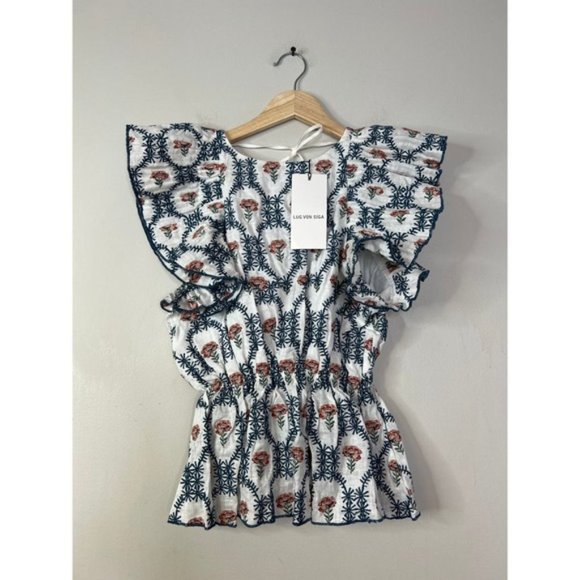 NWT Lug Von Siga Linen Jessica Back Tie Ruffle Sleevless Blue Flower Blouse Top - Picture 2 of 8